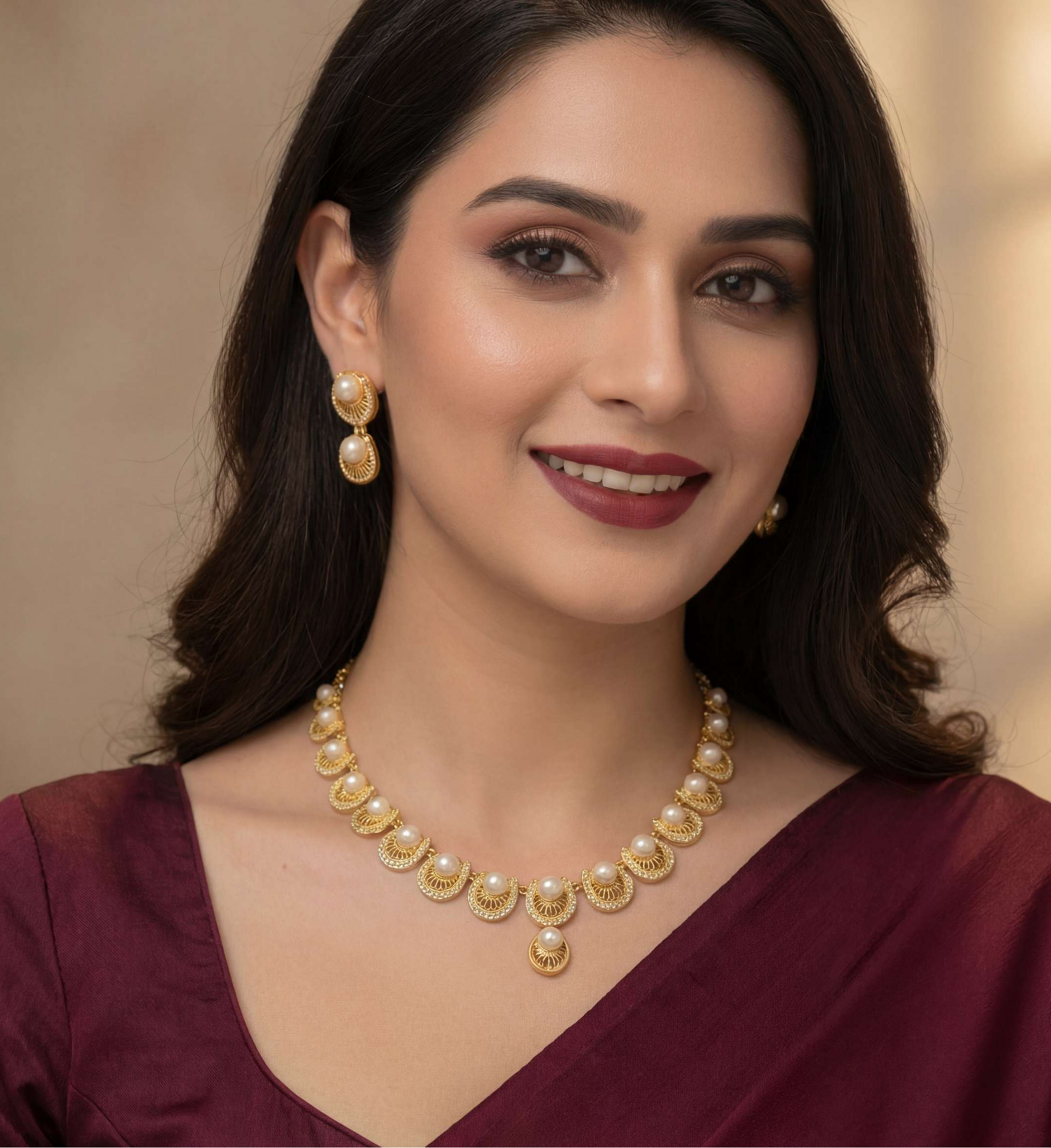 Royal Pearl Set 22K Gold Plated | Necklace + Drop Earrings