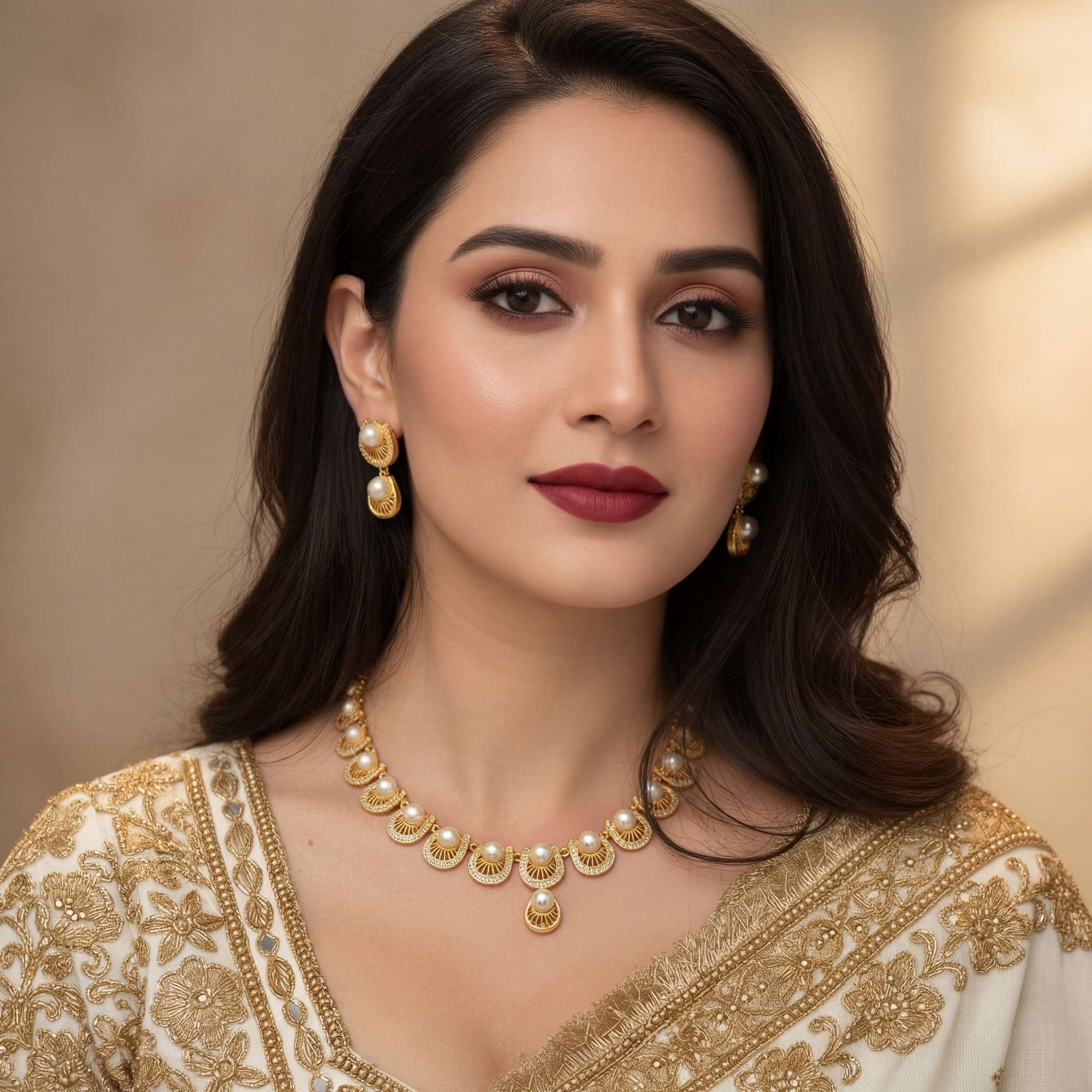 Royal Pearl Set 22K Gold Plated | Necklace + Drop Earrings