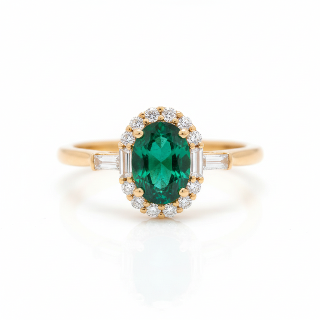 Emerald Ring with Diamond Halo