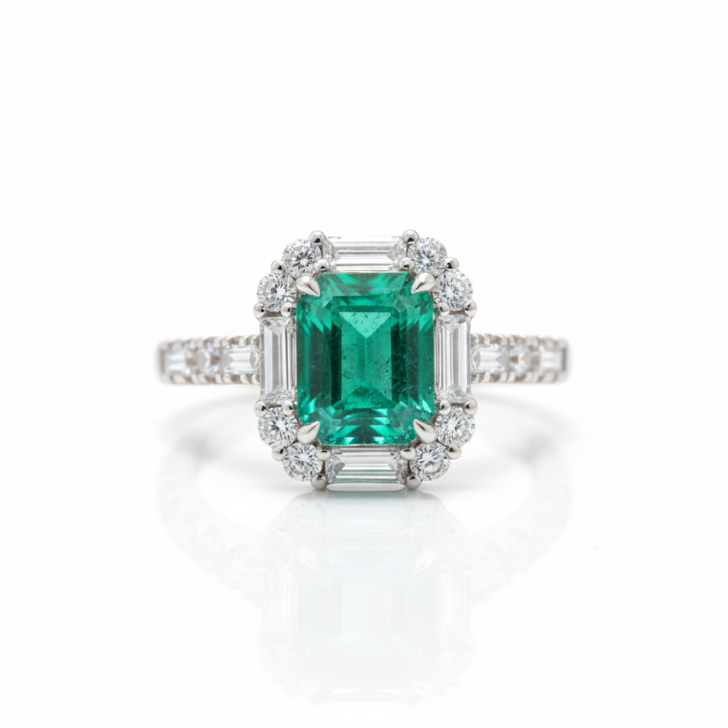 Emerald Ring with Diamond Halo