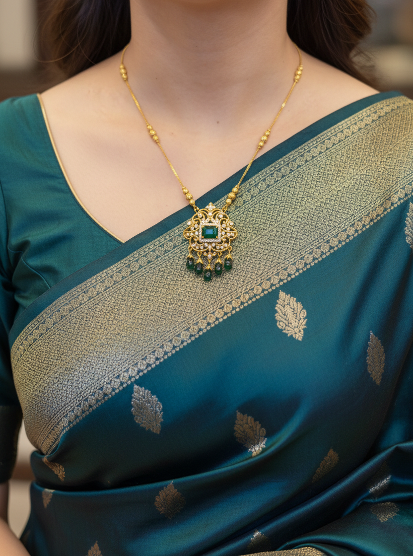 Luxury necklace with green gemstone on Indian model in sari
