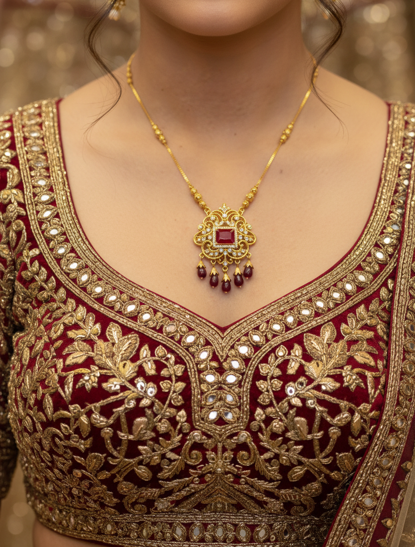 Luxury necklace with red gemstone on model in lehenga