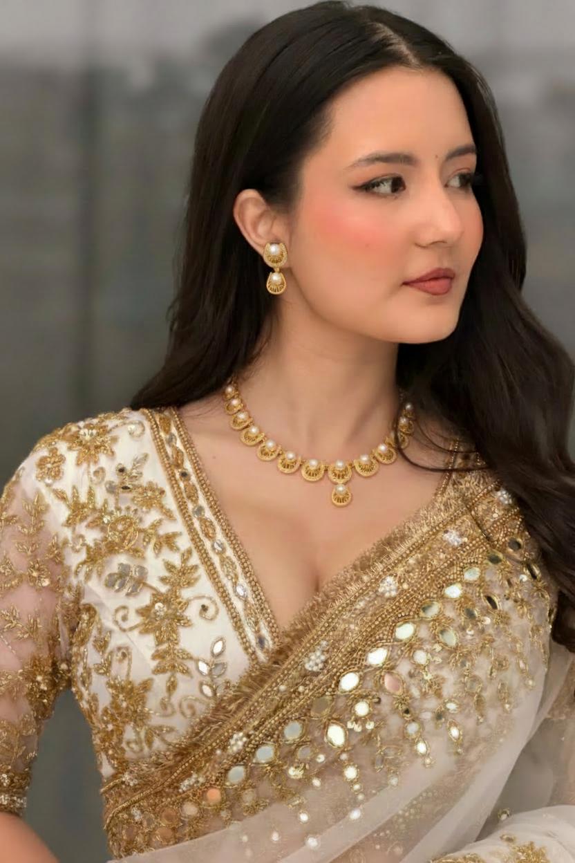 Woman with New Pearl Diamond Necklace